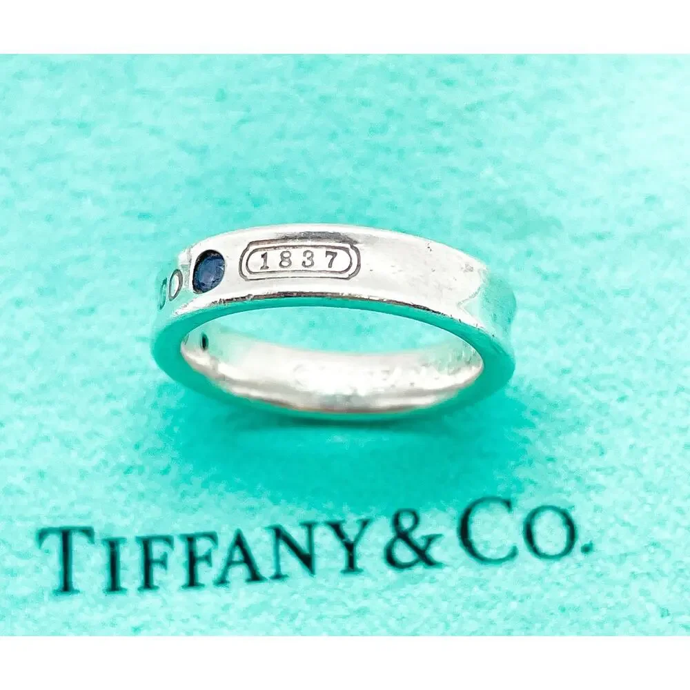 Tiffany & Co. 1837 Montana Sapphire Ring Sterling Silver Size 4 w/ Pouch